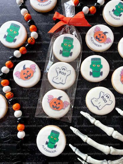 Halloween Cookies, Halloween Iced Sugar Cookies Set, Set of 2 Cellophane Bags with elegant ribbon. (Total 6 Cookies)