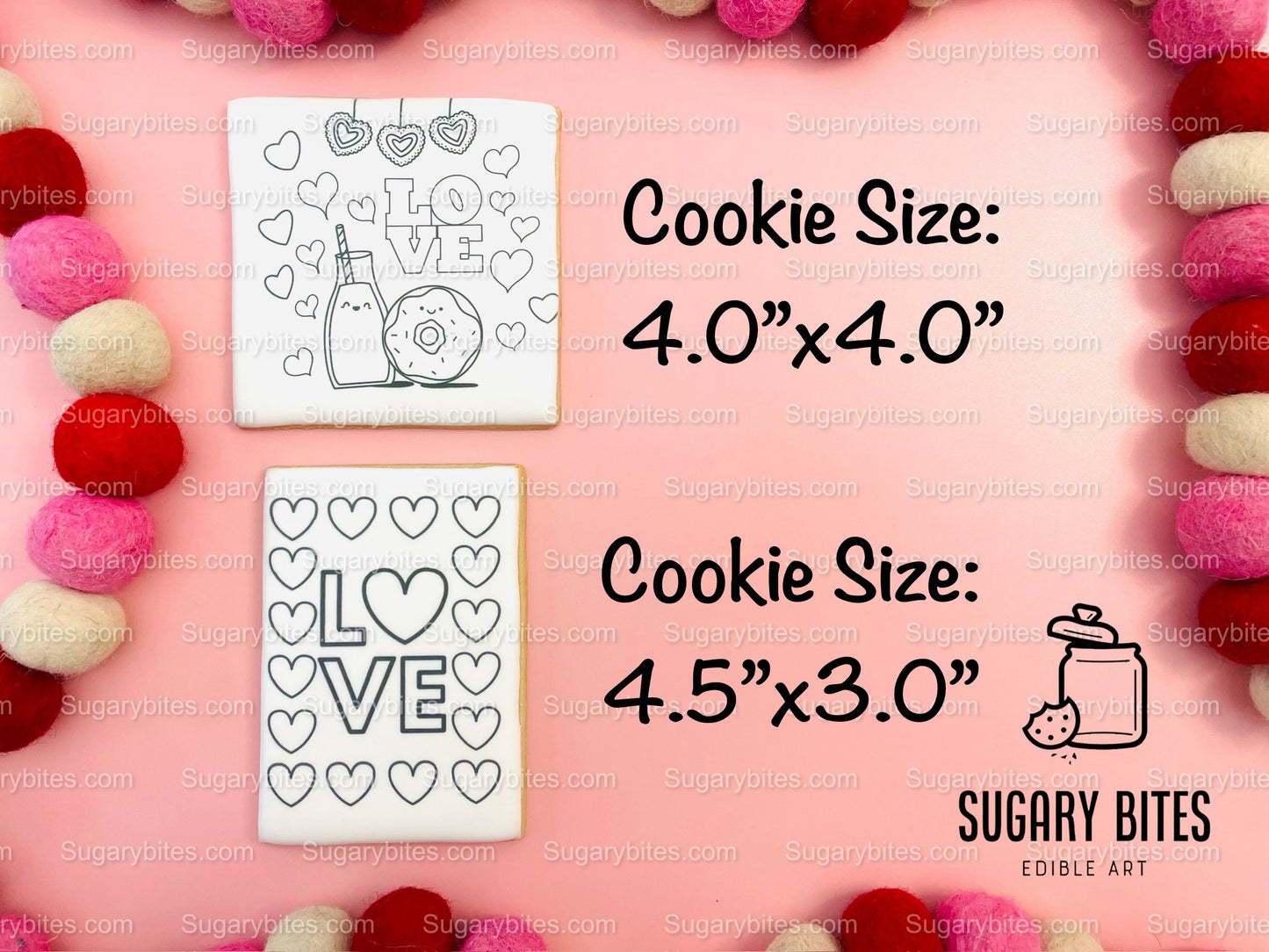 Valentines Day Cookies, Set of 4 Coloring Valentines Cookies with 4 Edible Markers, (Jumbo Cookies), Color your own Valentines Cookies!!!