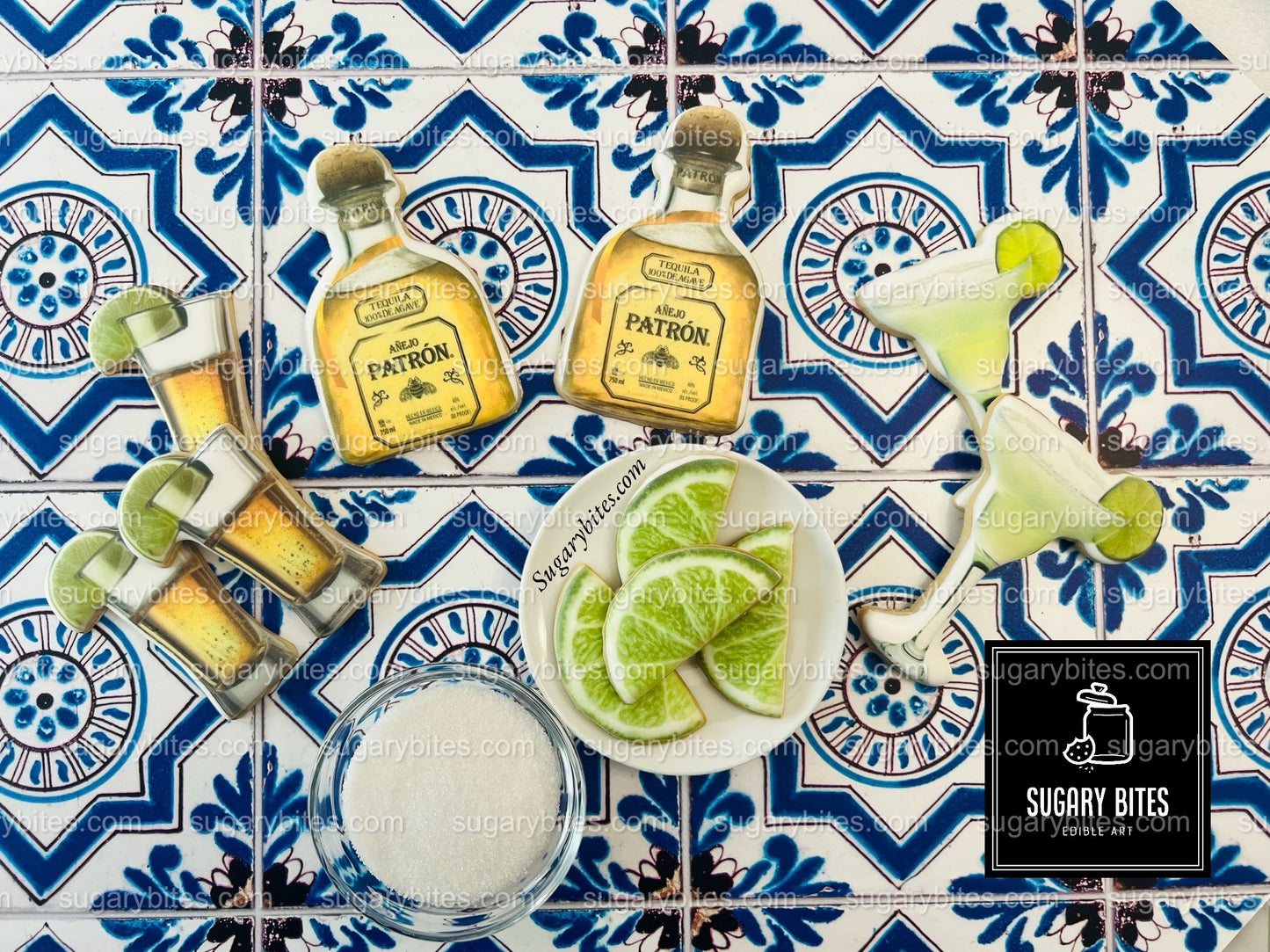 Fiesta Cookie Set (12 Iced and Printed Cookies), Margarita Cookies, Tequila Shot Cookies, Lime Cookies, and Tequila Bottle Cookies.