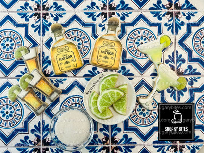 Fiesta Cookie Set (12 Iced and Printed Cookies), Margarita Cookies, Tequila Shot Cookies, Lime Cookies, and Tequila Bottle Cookies.