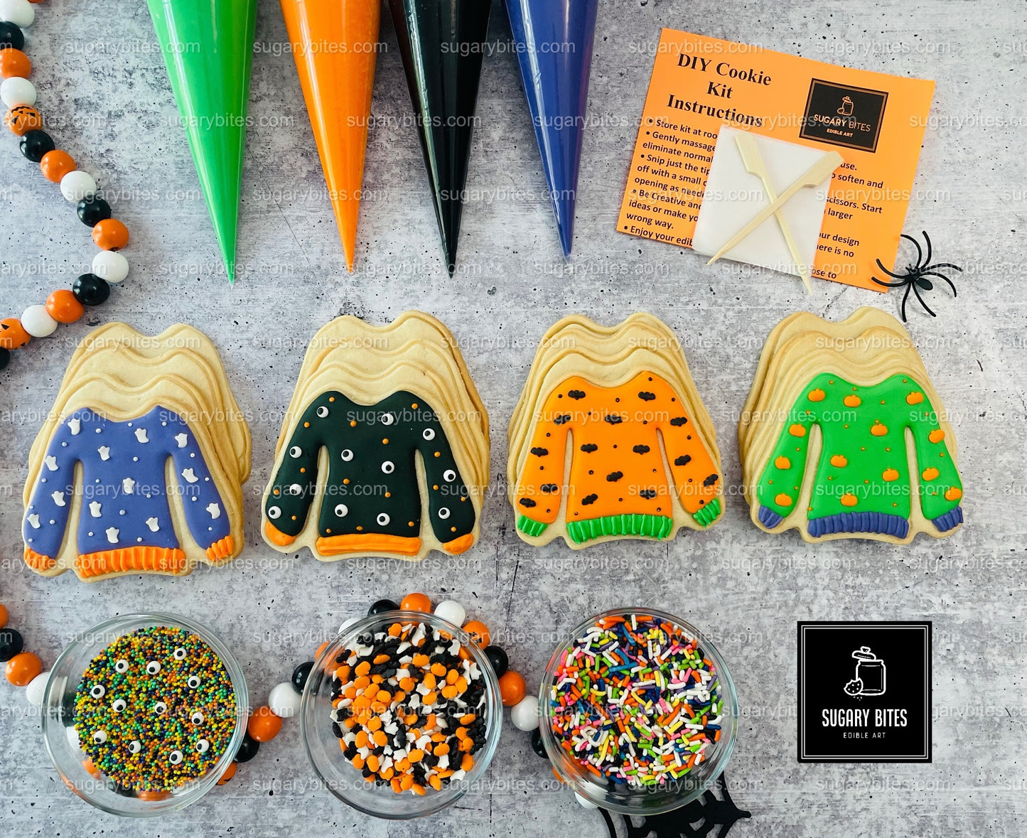 Spooky Sweater Cookie Decorating Kit, Halloween Ugly Sweaters, (Large Cookies)***INCLUDES 24 ITEMS** With 4 Icing Bags & 3 Deluxe Sprinkle!