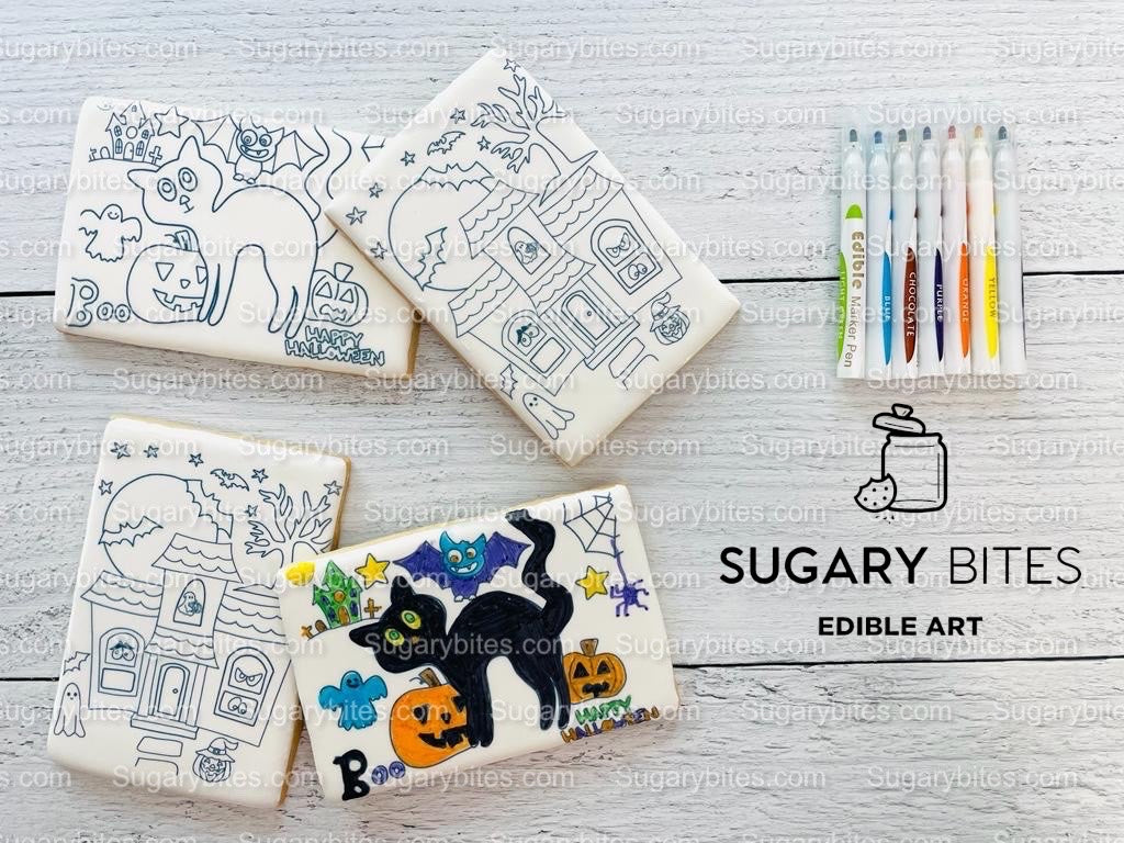 Halloween Cookies, Set of 4 Coloring Halloween Cookies with 7 Edible Markers, Color your own Halloween Cookies!