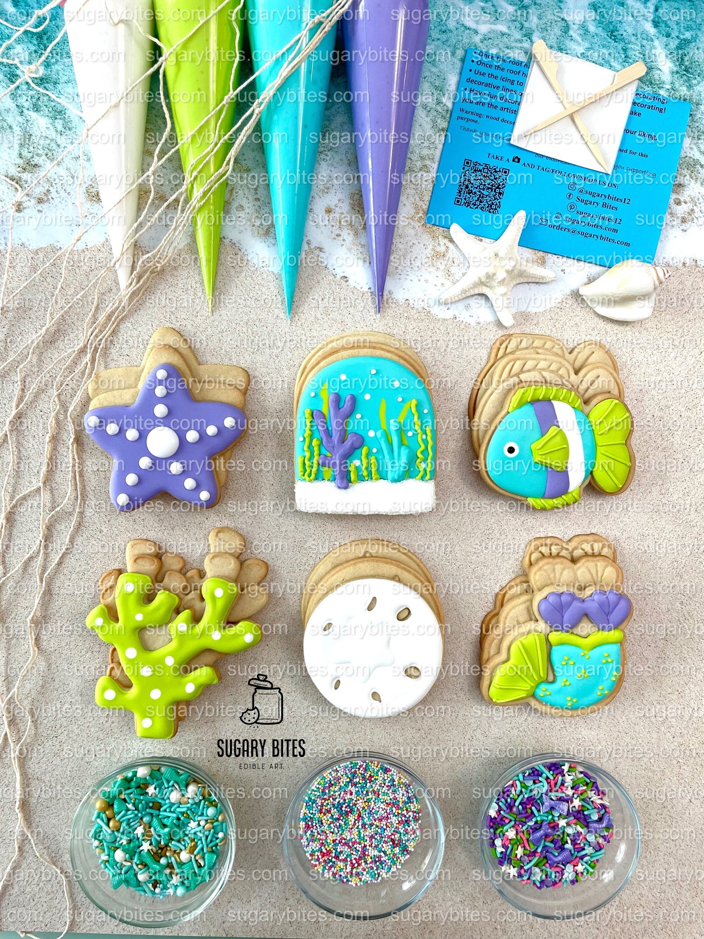 Mermaid Cookie Decorating Kit, *INCLUDES 24 ITEMS* (Large Cookies) …… with 4 ICING bags and 3 Deluxe Sprinkles