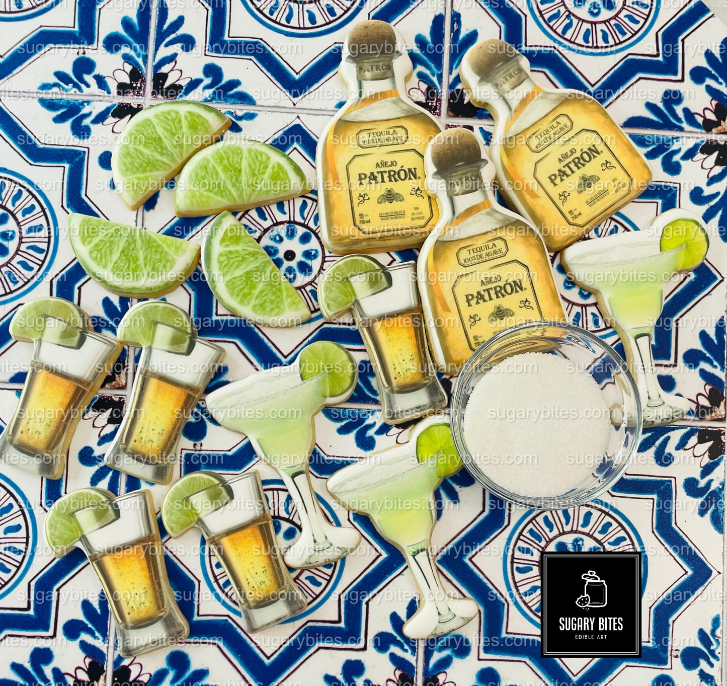 Fiesta Cookie Set (12 Iced and Printed Cookies), Margarita Cookies, Tequila Shot Cookies, Lime Cookies, and Tequila Bottle Cookies.