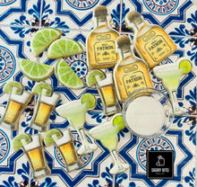 Load image into Gallery viewer, Fiesta Cookie Set (12 Iced and Printed Cookies), Margarita Cookies, Tequila Shot Cookies, Lime Cookies, and Tequila Bottle Cookies.
