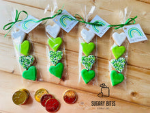 Load image into Gallery viewer, St. Patrick’s Day Cookie Packs, MINI Heart Sugar Cookies, Gift,**SET of 4 BAGS** (24 heart cookies total)
