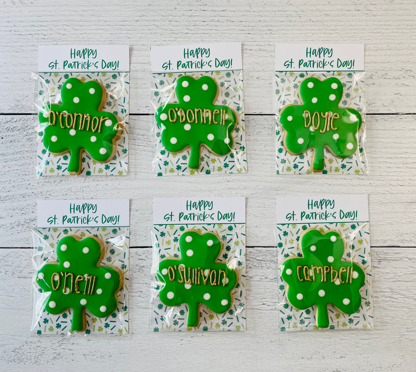 Shamrock Cookies, St. Patrick’s Day Cookies, Gift, … ** Set of 6 or 12** (Large Cookies) Personalized with gold lettering