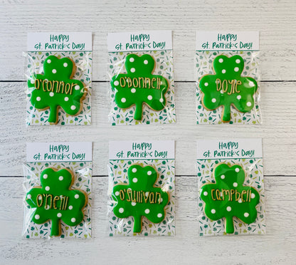 Shamrock Cookies, St. Patrick’s Day Cookies, Gift, … ** Set of 6 or 12** (Large Cookies) Personalized with gold lettering
