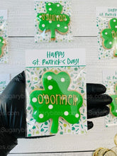Load image into Gallery viewer, Shamrock Cookies, St. Patrick’s Day Cookies, Gift, … ** Set of 6 or 12** (Large Cookies) Personalized with gold lettering
