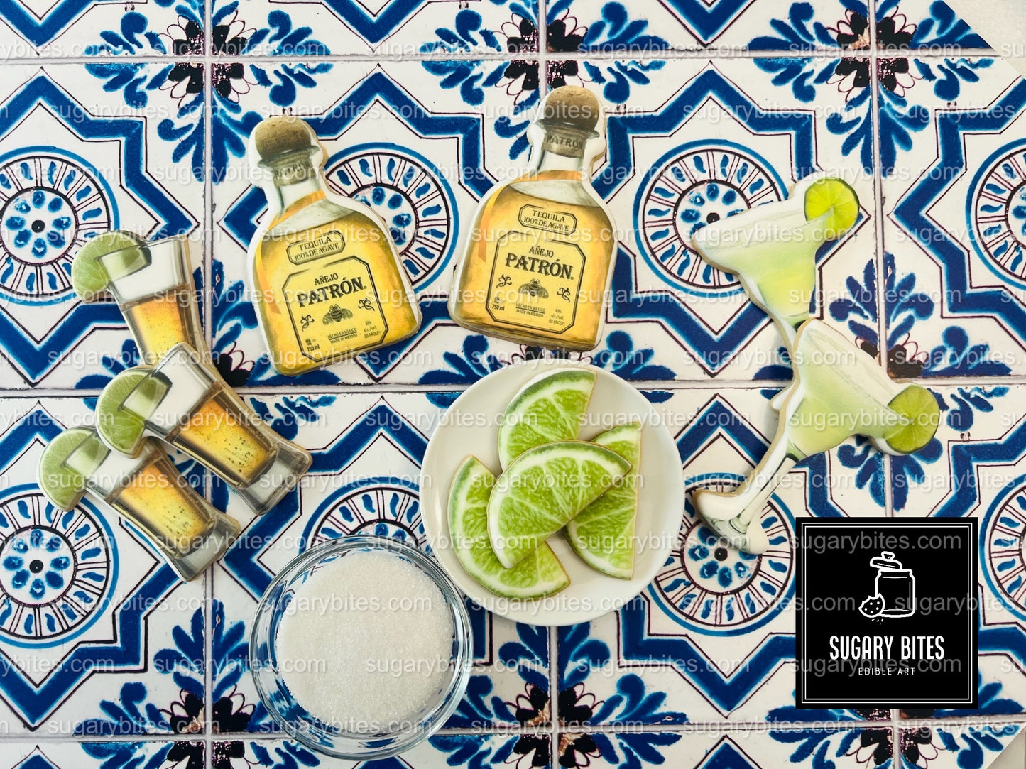 Fiesta Cookie Set (12 Iced and Printed Cookies), Margarita Cookies, Tequila Shot Cookies, Lime Cookies, and Tequila Bottle Cookies.