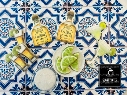 Fiesta Cookie Set (12 Iced and Printed Cookies), Margarita Cookies, Tequila Shot Cookies, Lime Cookies, and Tequila Bottle Cookies.