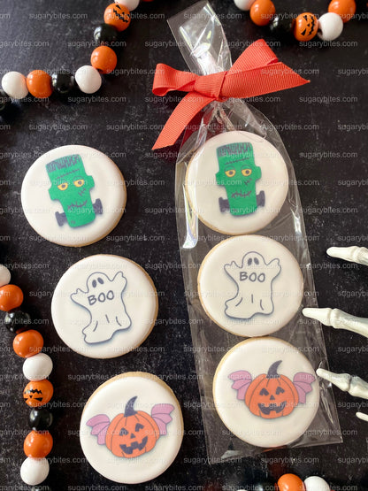 Halloween Cookies, Halloween Iced Sugar Cookies Set, Set of 2 Cellophane Bags with elegant ribbon. (Total 6 Cookies)