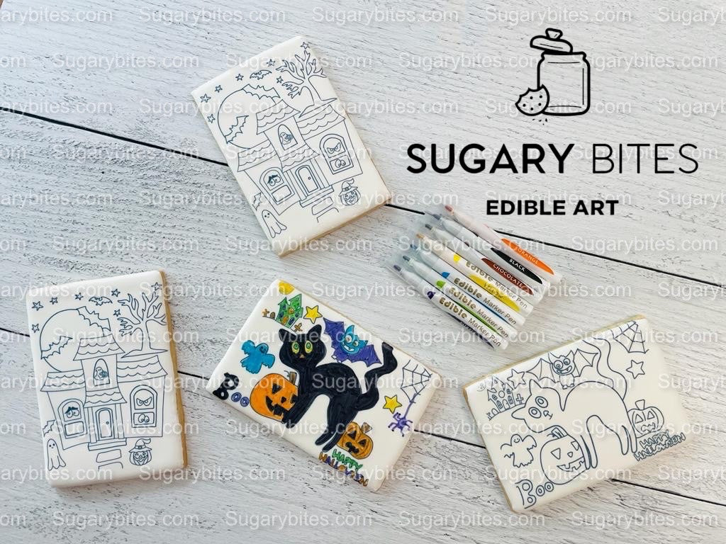Halloween Cookies, Set of 4 Coloring Halloween Cookies with 7 Edible Markers, Color your own Halloween Cookies!