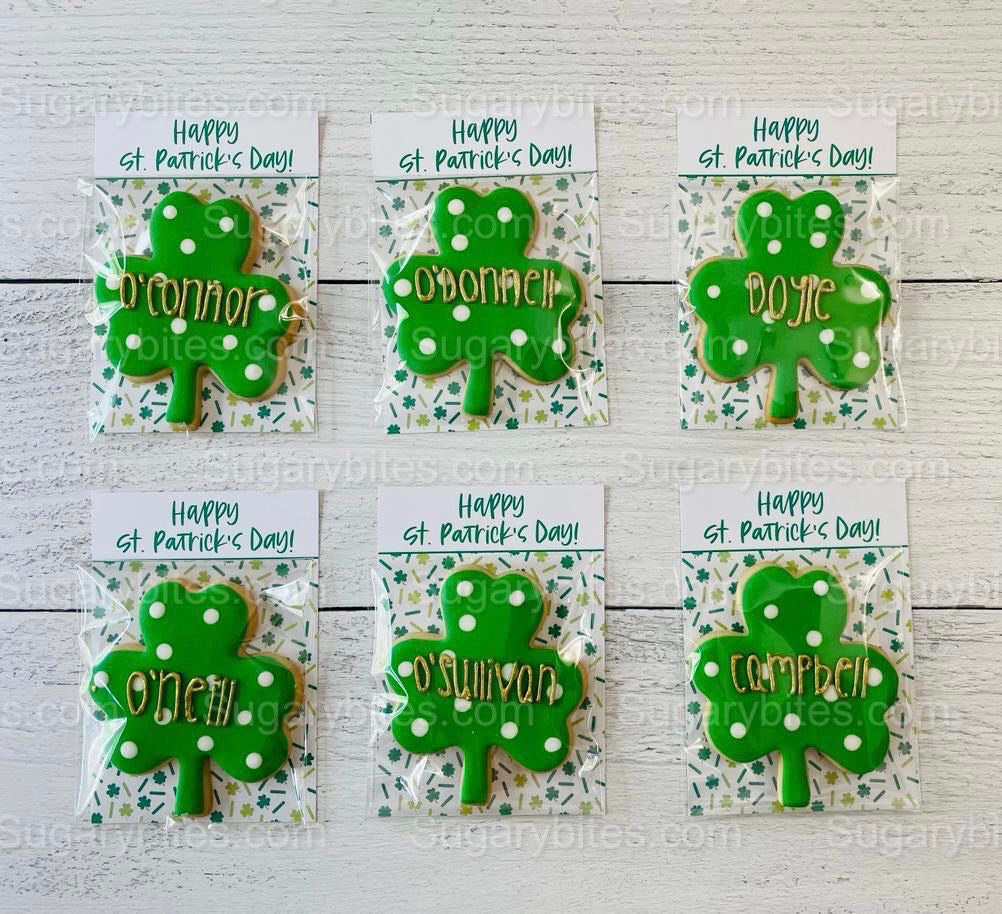 Shamrock Cookies, St. Patrick’s Day Cookies, Gift, … ** Set of 6 or 12** (Large Cookies) Personalized with gold lettering