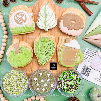 Autumn Cookie Kit – Matcha Coffee, Cozy Sweater, Pumpkin, Leaf, and Donut Designs, (Large Cookies) **INCLUDES 24 ITEMS** With 4 Icing Bags & 3 Deluxe Sprinkle!