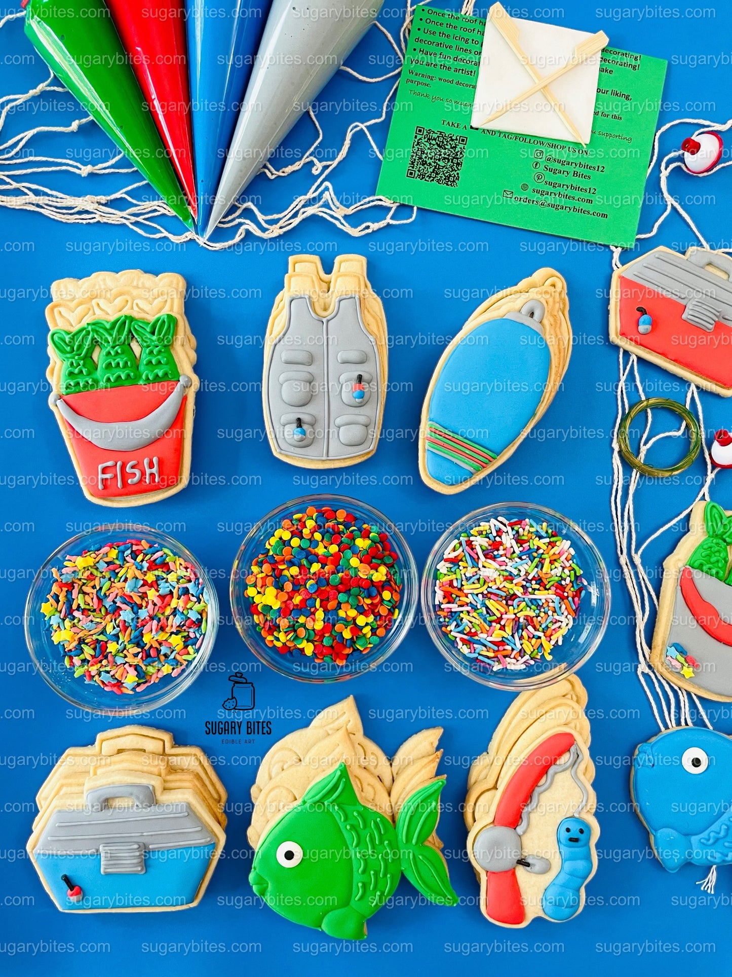 Fishing Cookie Decorating Kit, DIY Fishing Sugar Cookie Kit, **INCLUDES 25 ITEMS**, (Large Cookies)… with Deluxe Sprinkles…Plus Bonus!!!