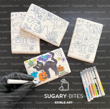 Load image into Gallery viewer, Halloween Cookies, Set of 4 Coloring Halloween Cookies with 7 Edible Markers, Color your own Halloween Cookies!
