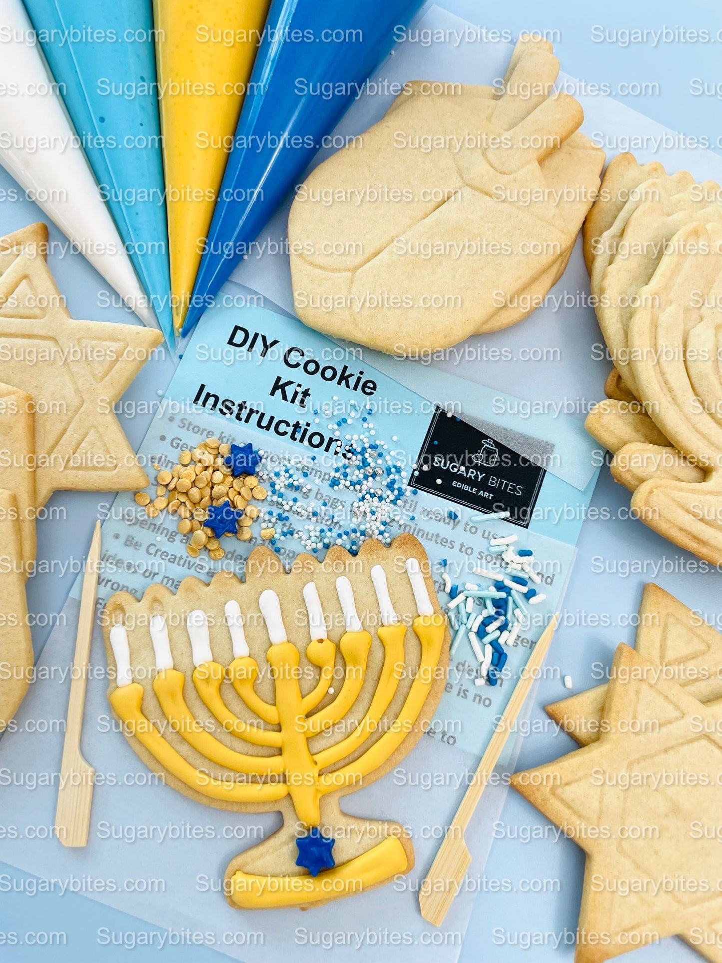 Hanukkah Cookie Decorating Kit, DIY Cookie Kit, (Large Cookies) ***INCLUDES 24 ITEMS*** With 4 Icing Bags & 3 Deluxe Sprinkle!