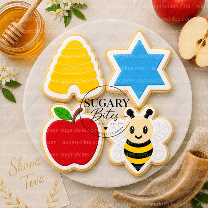 Rosh Hashanah Cookies Rosh Hashanah Printed Cookies – Set of 12 Large 4” Apple, Bee, Beehive & Star of David Cookies