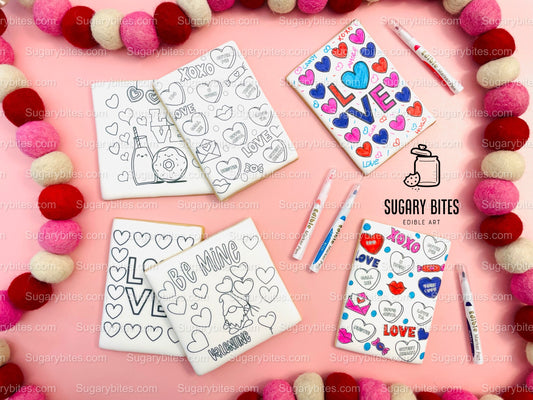 Valentines Day Cookies, Set of 4 Coloring Valentines Cookies with 4 Edible Markers, (Jumbo Cookies), Color your own Valentines Cookies!!!
