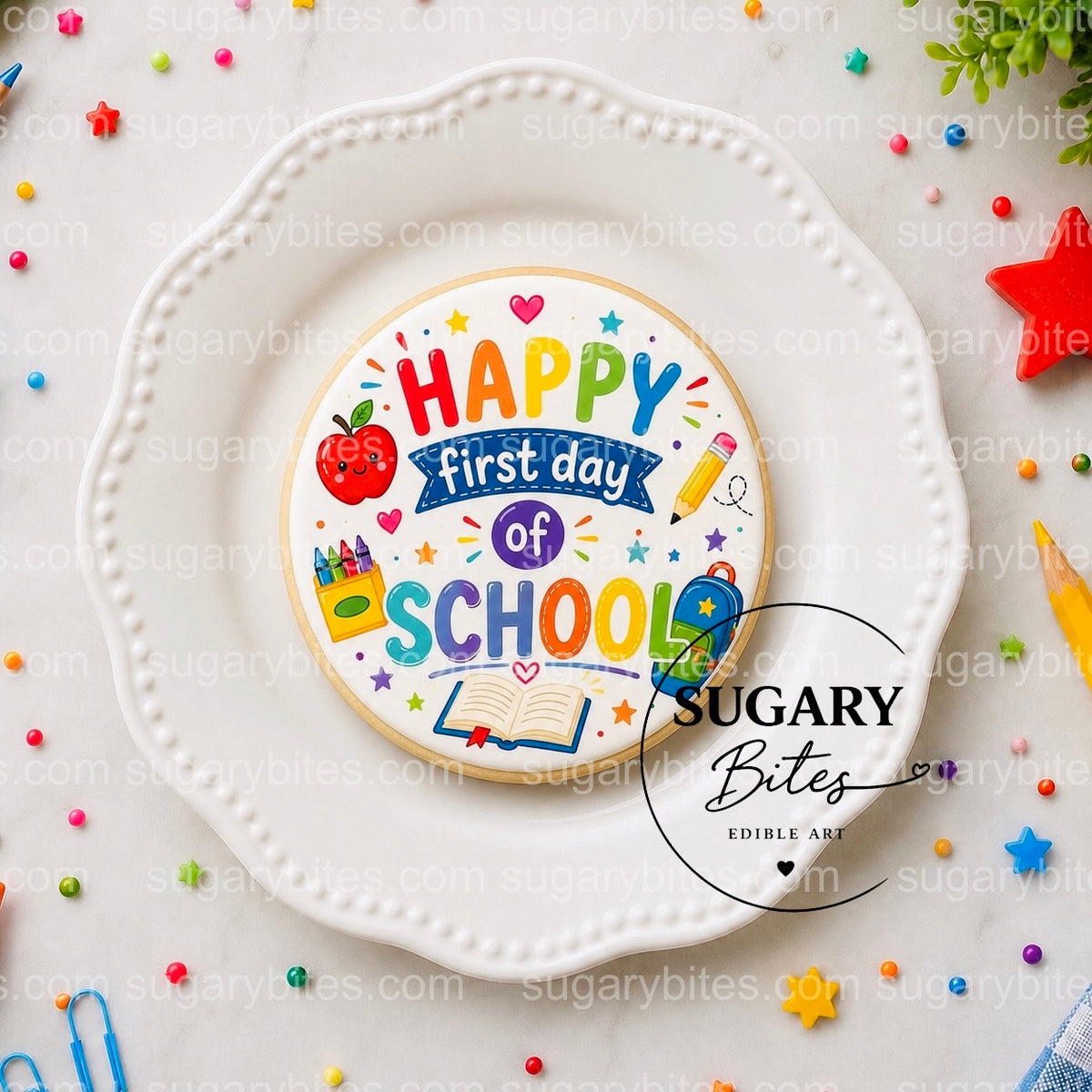 Back to School Cookies, Happy First Day of School Cookies, , Edible Image Cookies, Teacher and Student Treats, 1 Dozen