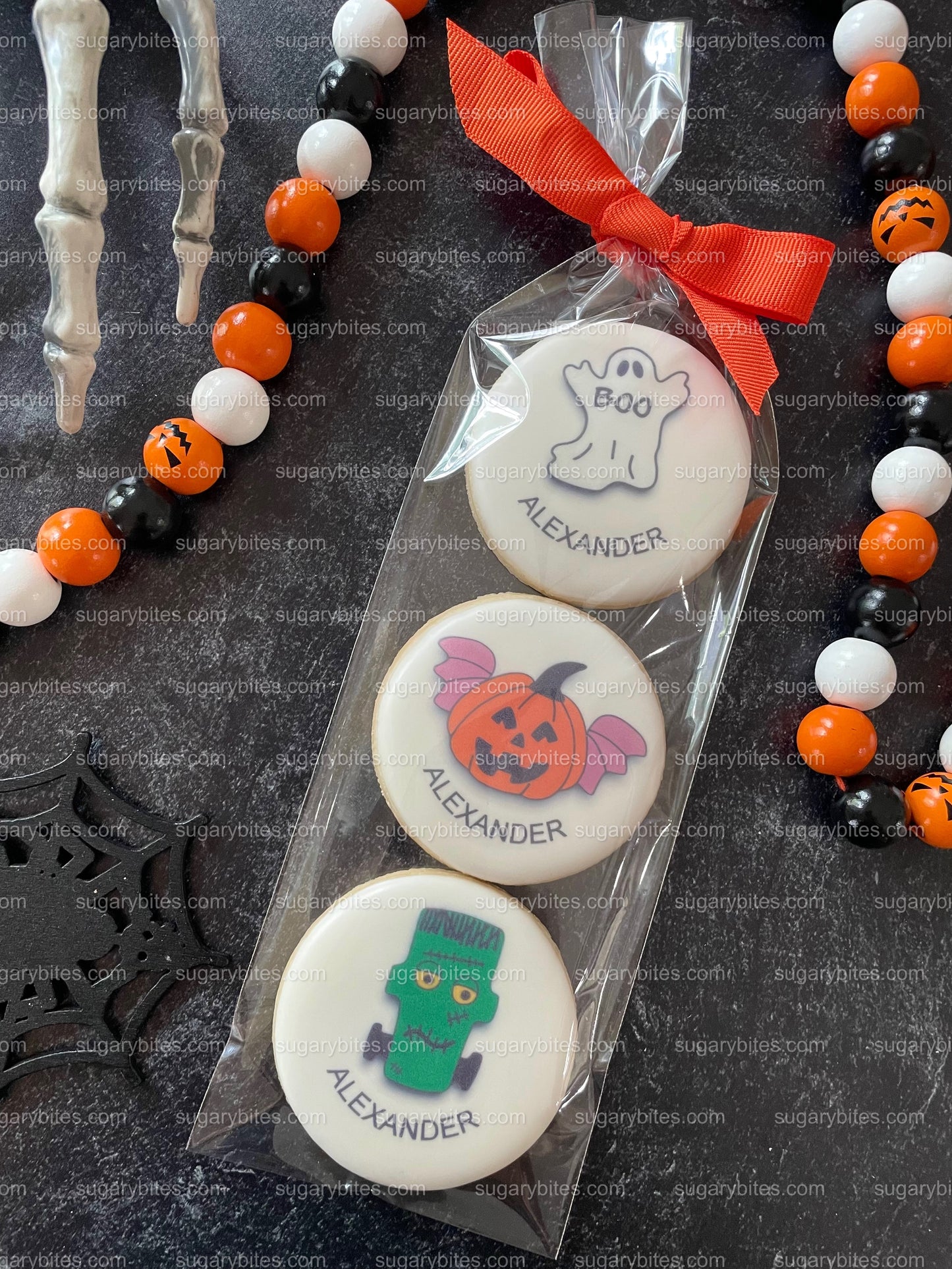 Halloween Cookies, Halloween Iced Sugar Cookies Set, Set of 2 Cellophane Bags with elegant ribbon. (Total 6 Cookies)