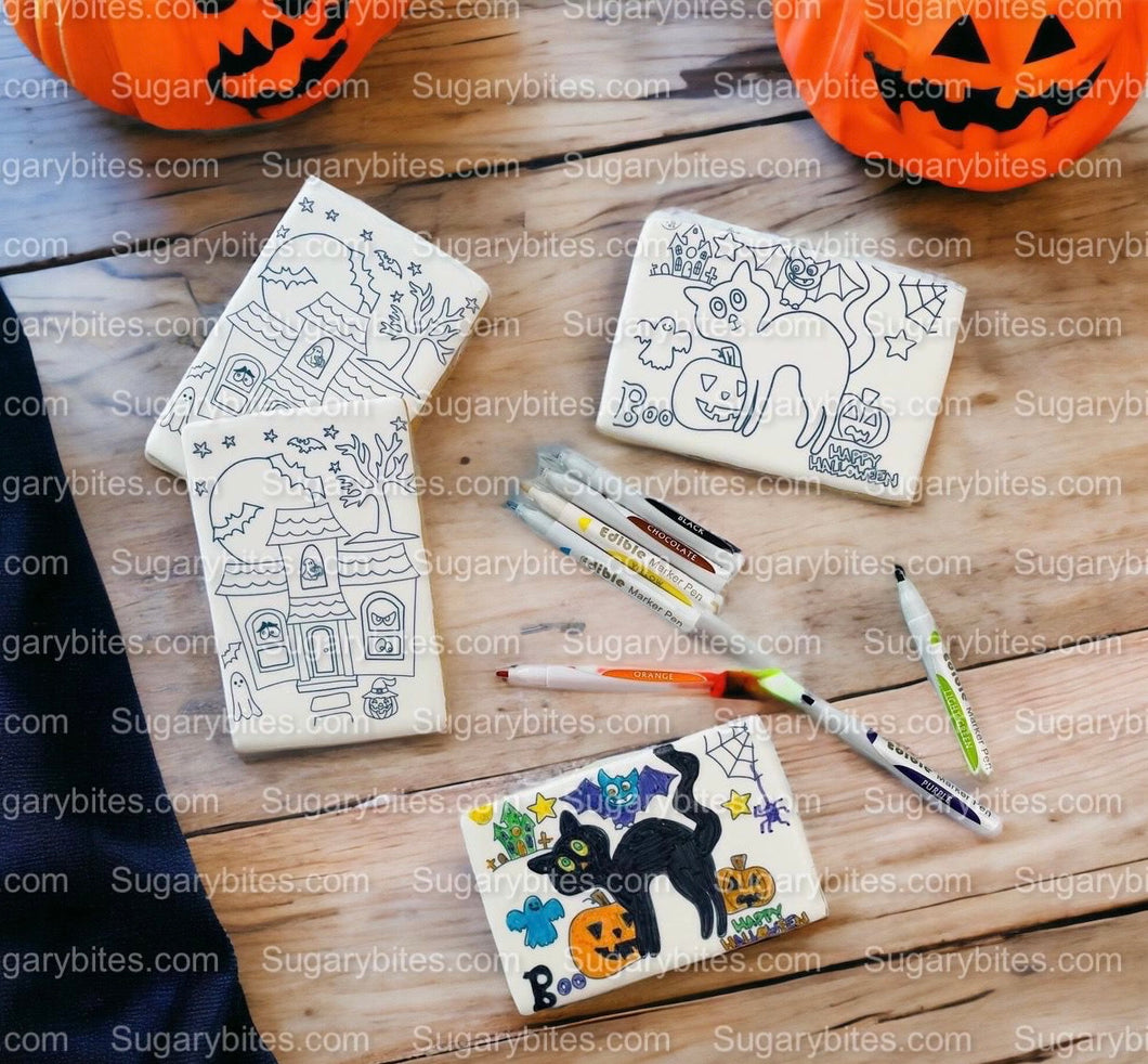 Halloween Cookies, Set of 4 Coloring Halloween Cookies with 7 Edible Markers, Color your own Halloween Cookies!