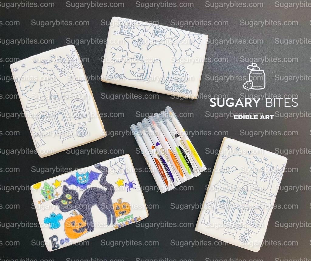 Halloween Cookies, Set of 4 Coloring Halloween Cookies with 7 Edible Markers, Color your own Halloween Cookies!