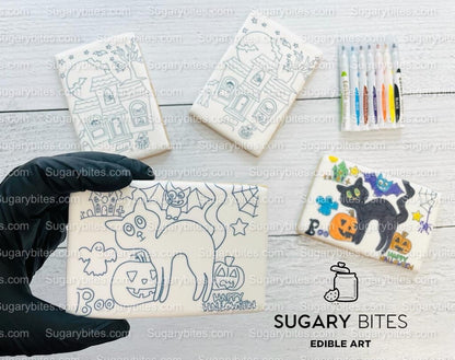 Halloween Cookies, Set of 4 Coloring Halloween Cookies with 7 Edible Markers, Color your own Halloween Cookies!