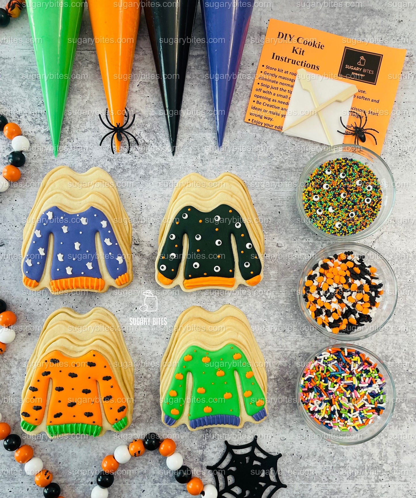 Spooky Sweater Cookie Decorating Kit, Halloween Ugly Sweaters, (Large Cookies)***INCLUDES 24 ITEMS** With 4 Icing Bags & 3 Deluxe Sprinkle!