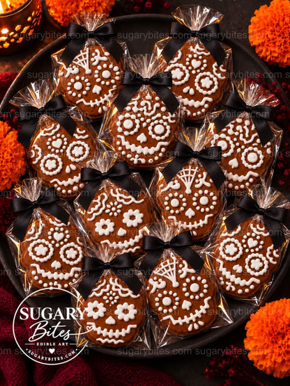 Day of the Dead Decorated Cookies, 12 Sugar Skull Decorated Cookies, Assorted Designs, Flavor Choice, Ribbon Gift Box