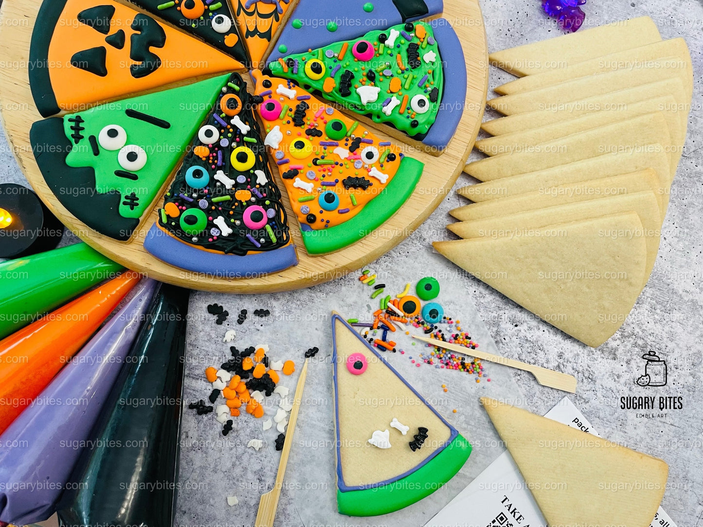 Halloween Cookie Decorating Kit, Halloween Pizza Cookie Kit, (Large Cookies) ***INCLUDES 24 ITEMS*** With 4 Icing Bags & 3 Deluxe Sprinkle!!