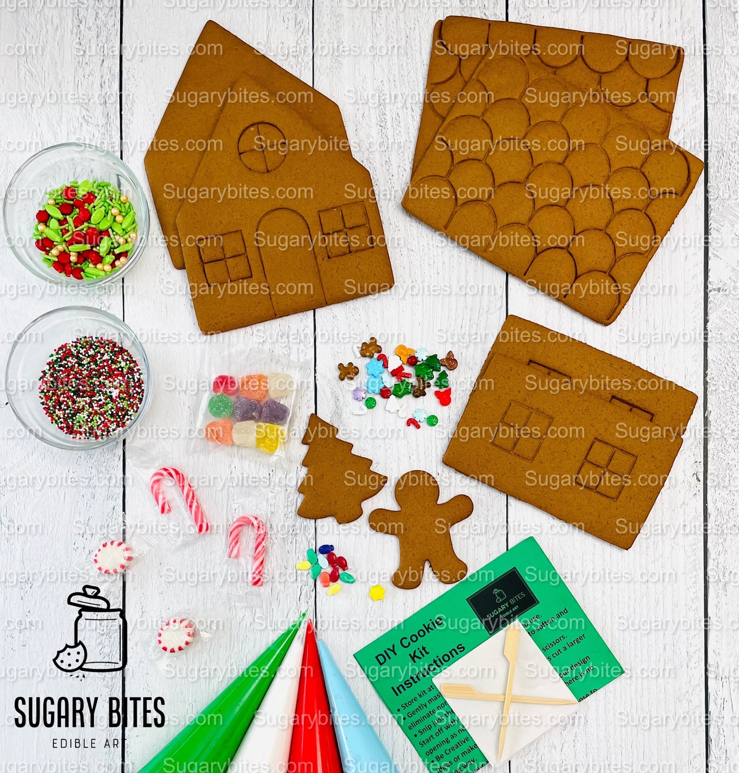 Gingerbread House Cookie Decorating Kit, DIY Cookie Kit, (Large Cookies), ***INCLUDES 24 ITEMS***With 4 Icing Bags & 6 Deluxe Sprinkles