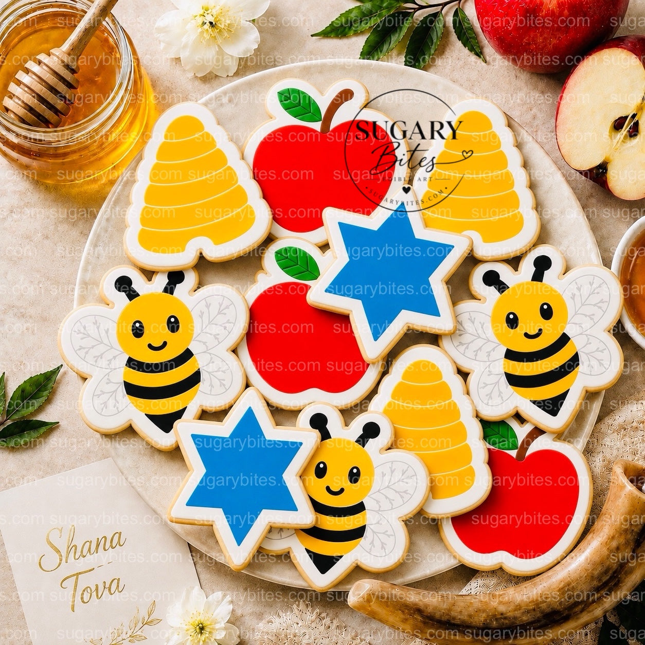 Rosh Hashanah Cookies Rosh Hashanah Printed Cookies – Set of 12 Large 4” Apple, Bee, Beehive & Star of David Cookies