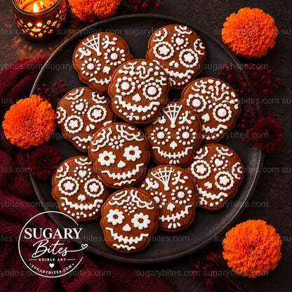Day of the Dead Decorated Cookies, 12 Sugar Skull Decorated Cookies, Assorted Designs, Flavor Choice, Ribbon Gift Box