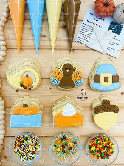 Thanksgiving Cookie Decorating Kit, ***INCLUDES 24 ITEMS*** Zoom Party Favors, Assorted Shaped Cookie Kit, (Large Cookies)