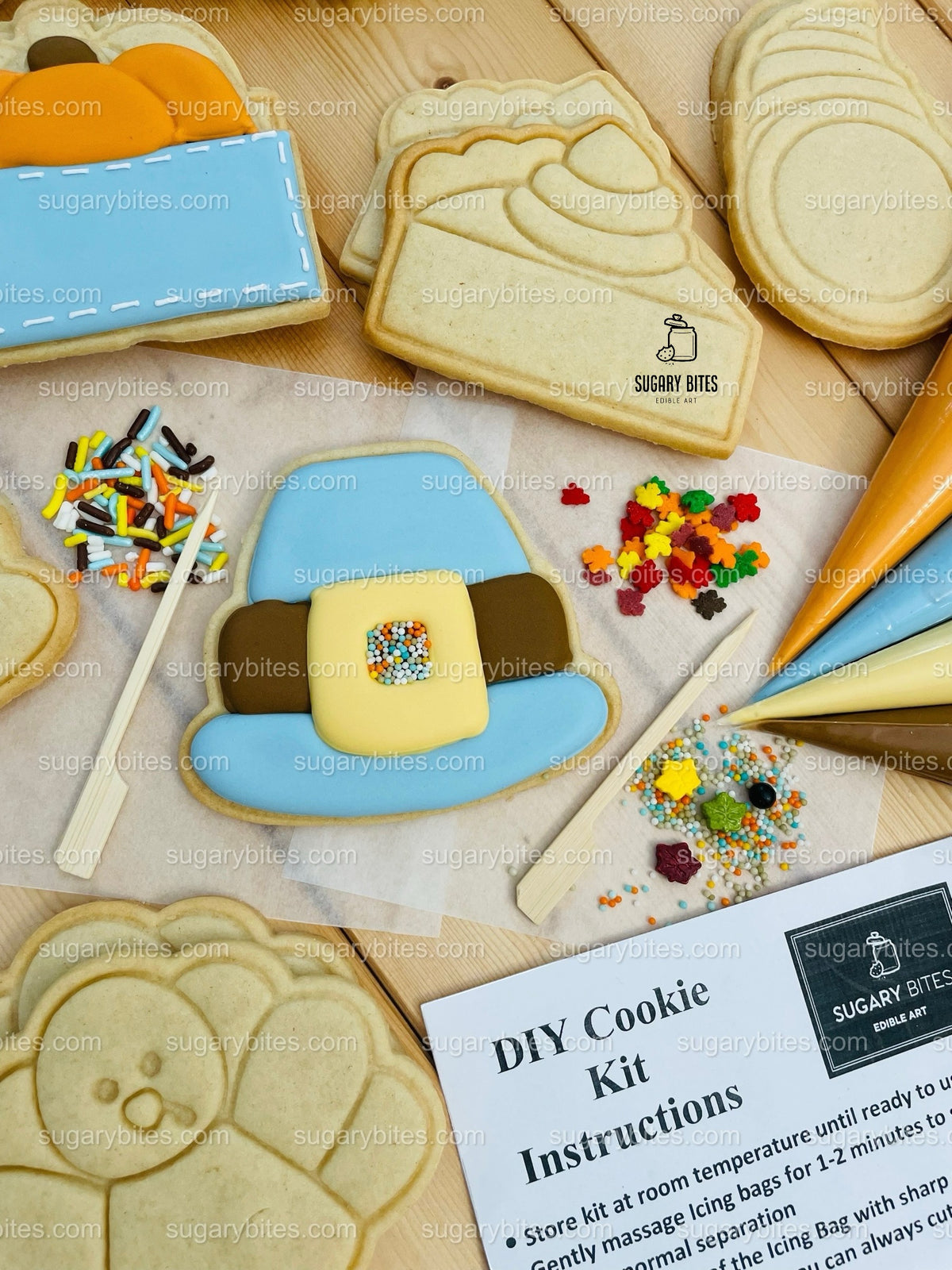 Thanksgiving Cookie Decorating Kit, ***INCLUDES 24 ITEMS*** Zoom Party Favors, Assorted Shaped Cookie Kit, (Large Cookies)