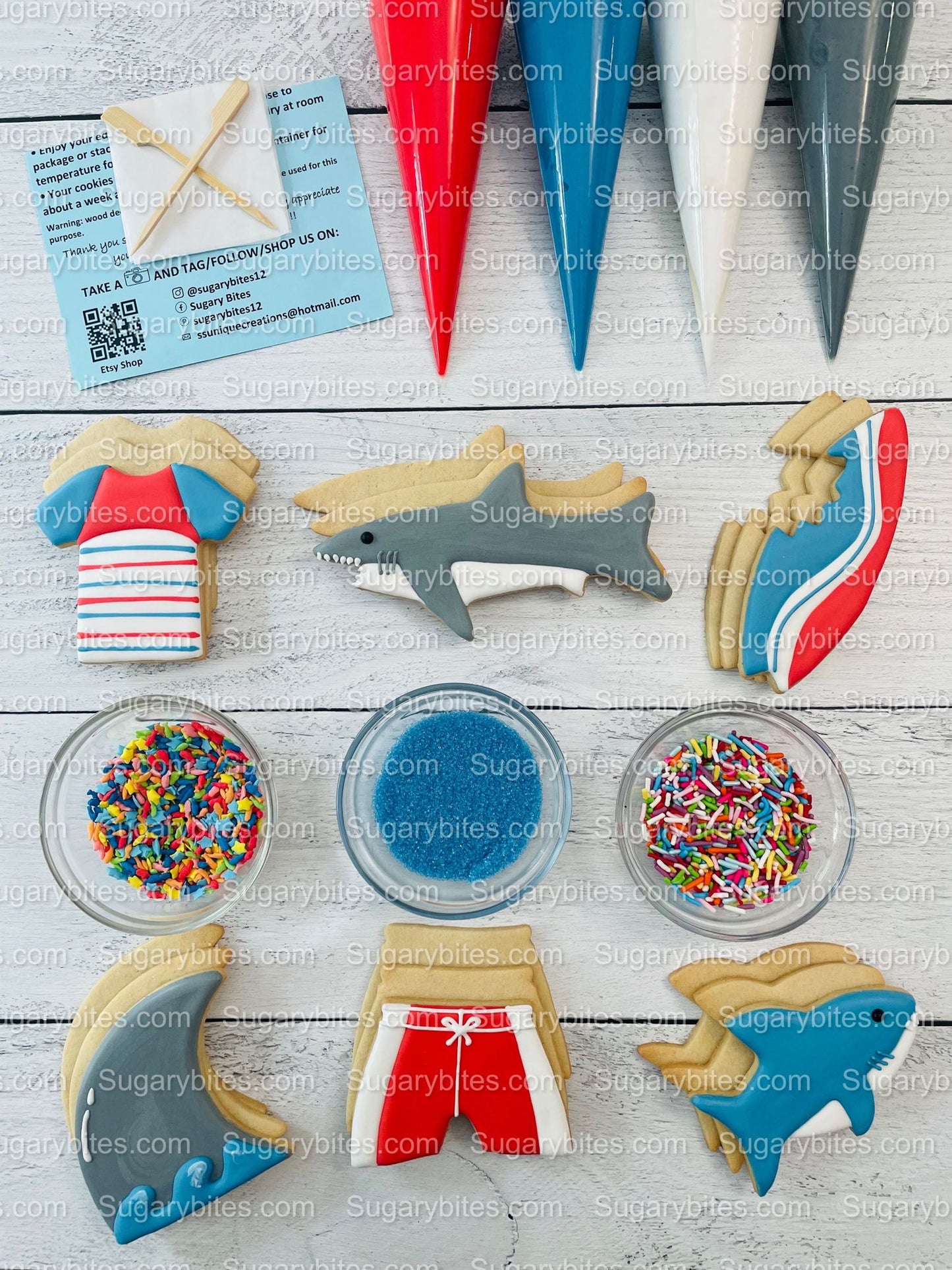 Shark Cookie Decorating Kit, *INCLUDES 24 ITEMS* (Large Cookies) …… with 4 ICING bags and 3 Deluxe Sprinkles!