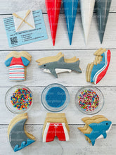 Load image into Gallery viewer, Shark Cookie Decorating Kit, *INCLUDES 24 ITEMS* (Large Cookies) …… with 4 ICING bags and 3 Deluxe Sprinkles!
