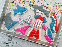 Load image into Gallery viewer, Shark Cookie Decorating Kit, *INCLUDES 24 ITEMS* (Large Cookies) …… with 4 ICING bags and 3 Deluxe Sprinkles!
