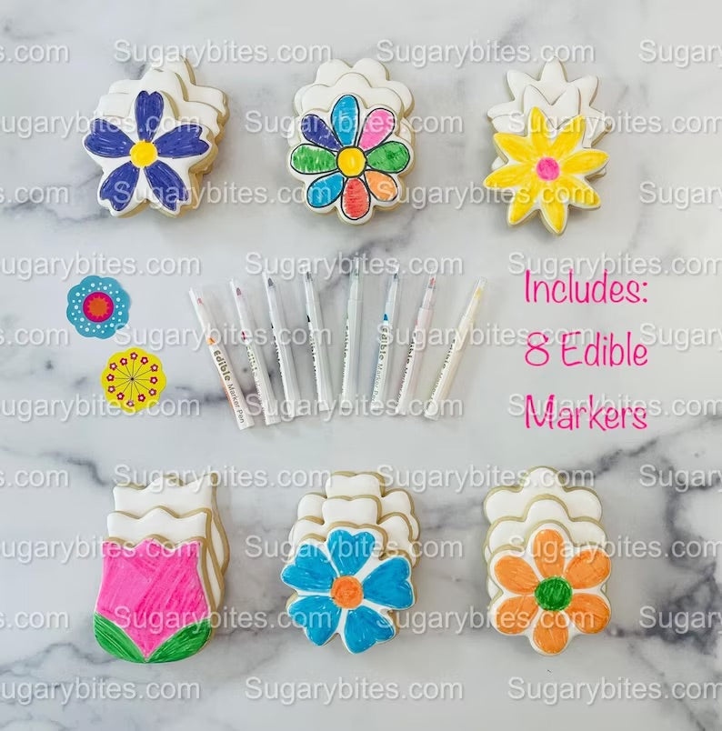 Flower Cookie Coloring Kit with 12 Cookies and 8 Edible Ink Markers, Color your own Flower/Mother’s Day Sugar Cookies Kit!
