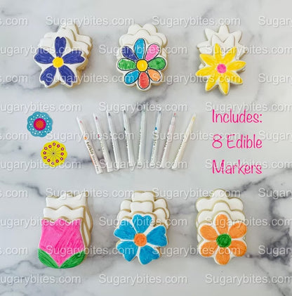 Flower Cookie Coloring Kit with 12 Cookies and 8 Edible Ink Markers, Color your own Flower/Mother’s Day Sugar Cookies Kit!