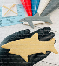 Load image into Gallery viewer, Shark Cookie Decorating Kit, *INCLUDES 24 ITEMS* (Large Cookies) …… with 4 ICING bags and 3 Deluxe Sprinkles!
