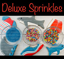 Load image into Gallery viewer, Shark Cookie Decorating Kit, *INCLUDES 24 ITEMS* (Large Cookies) …… with 4 ICING bags and 3 Deluxe Sprinkles!
