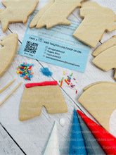 Load image into Gallery viewer, Shark Cookie Decorating Kit, *INCLUDES 24 ITEMS* (Large Cookies) …… with 4 ICING bags and 3 Deluxe Sprinkles!
