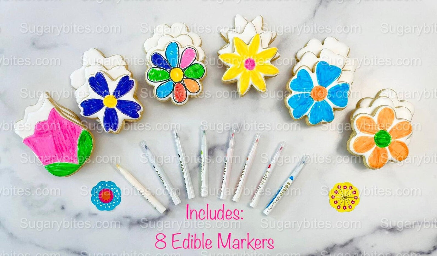 Flower Cookie Coloring Kit with 12 Cookies and 8 Edible Ink Markers, Color your own Flower/Mother’s Day Sugar Cookies Kit!