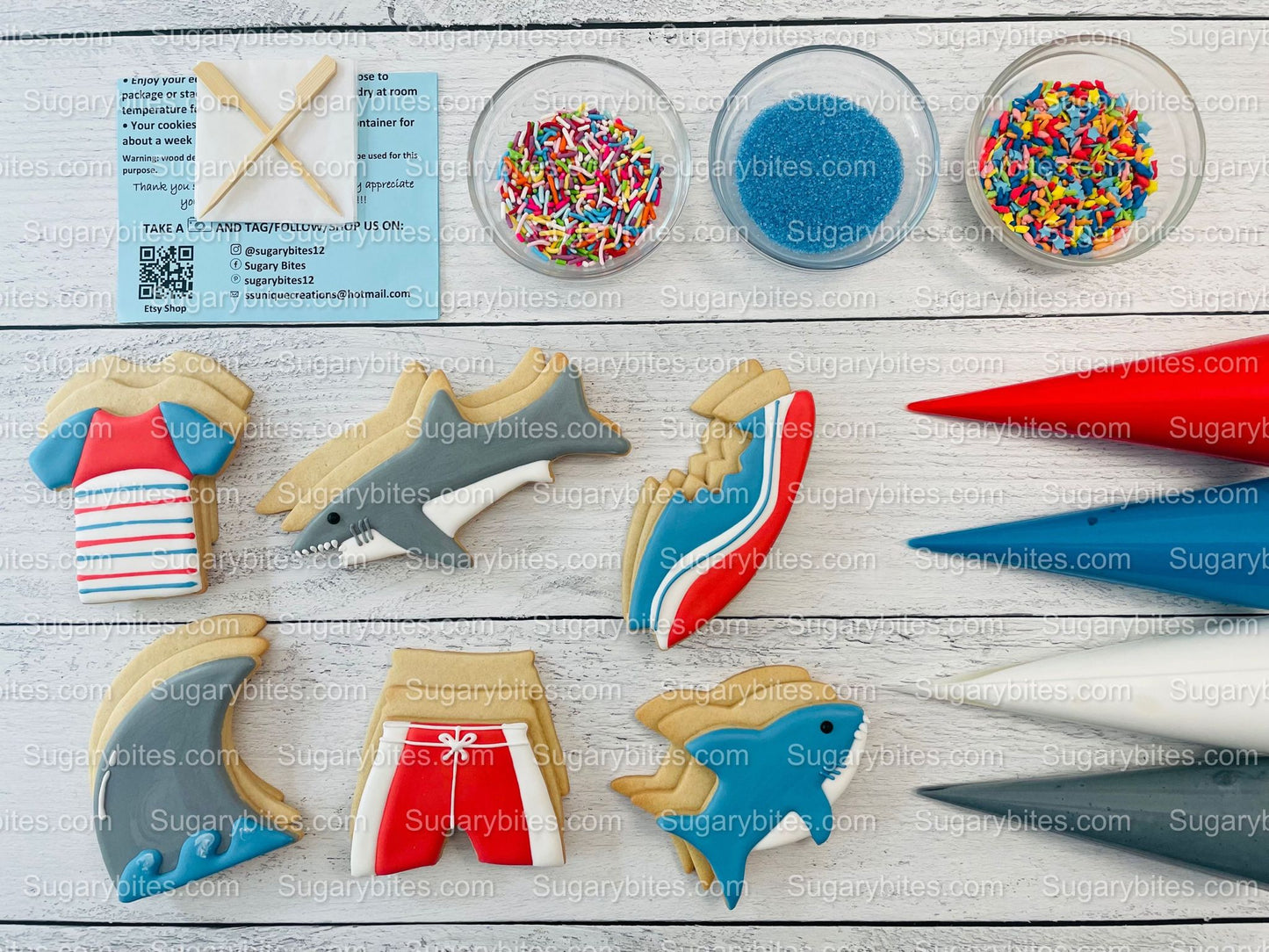 Shark Cookie Decorating Kit, *INCLUDES 24 ITEMS* (Large Cookies) …… with 4 ICING bags and 3 Deluxe Sprinkles!