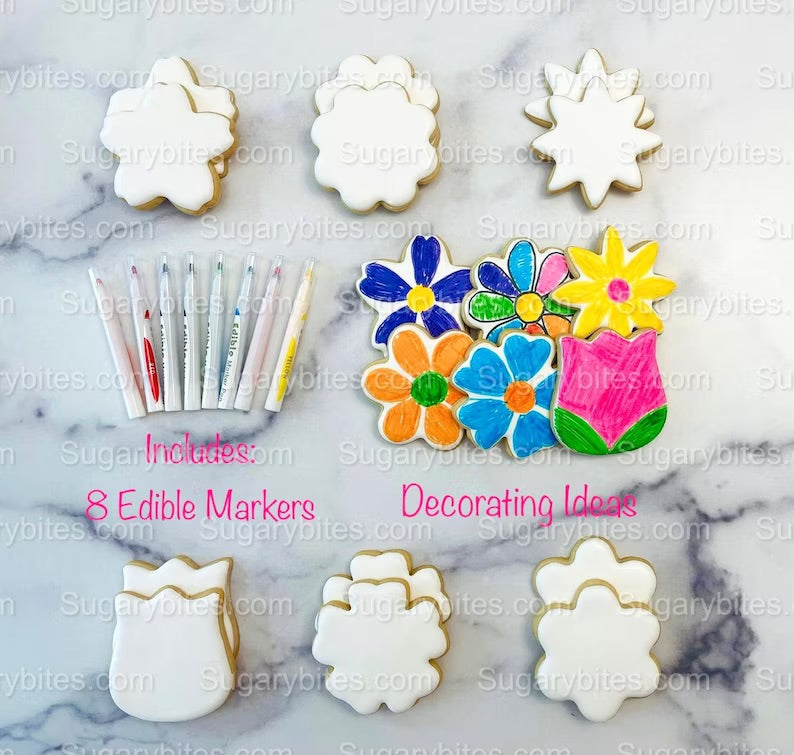 Flower Cookie Coloring Kit with 12 Cookies and 8 Edible Ink Markers, Color your own Flower/Mother’s Day Sugar Cookies Kit!