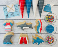 Load image into Gallery viewer, Shark Cookie Decorating Kit, *INCLUDES 24 ITEMS* (Large Cookies) …… with 4 ICING bags and 3 Deluxe Sprinkles!
