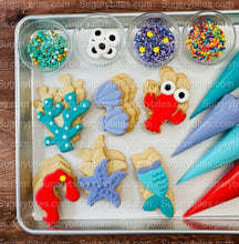 Load image into Gallery viewer, Under the Sea Cookie Decorating Kit, *INCLUDES 25 ITEMS* (Large Cookies) …… with 4 ICING bags and 4 Deluxe Sprinkles!
